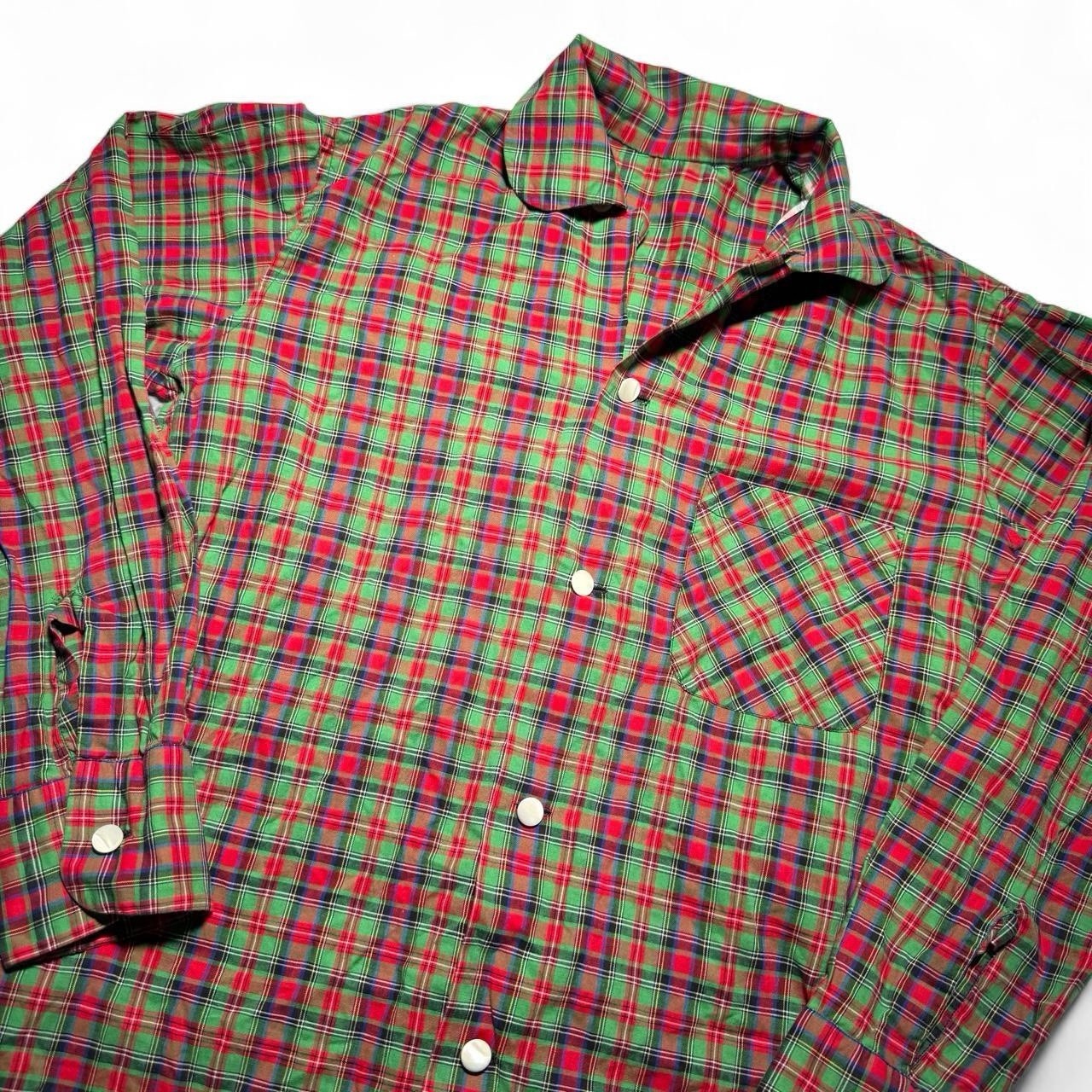 True Vintage 70s 60s Pearl Button Red Green Plaid Button-up Loop Collar Shirt M