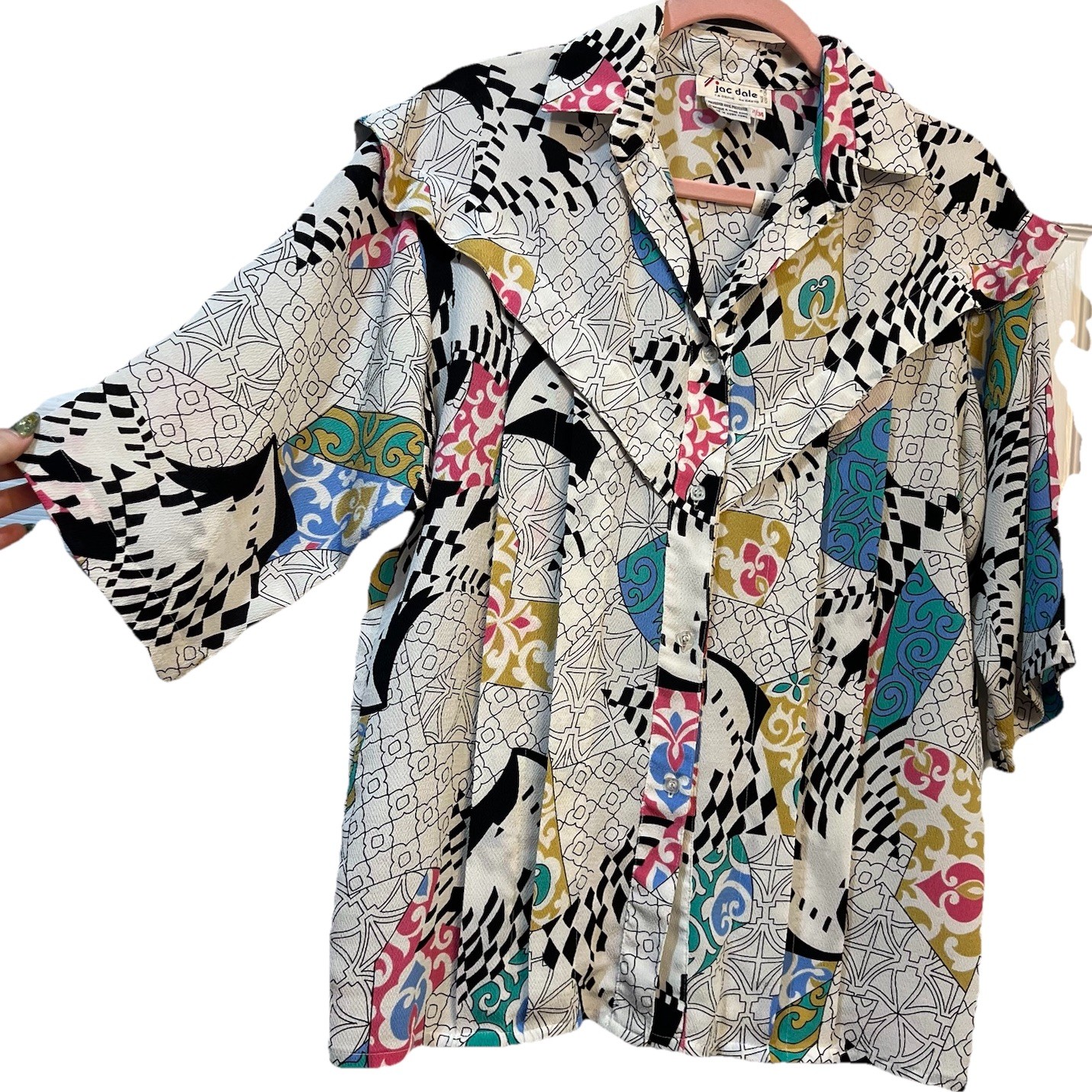 Vintage 1980s Jac Dale Women’s M Geometric Abstract Print Flapped Yoke Retro MCM