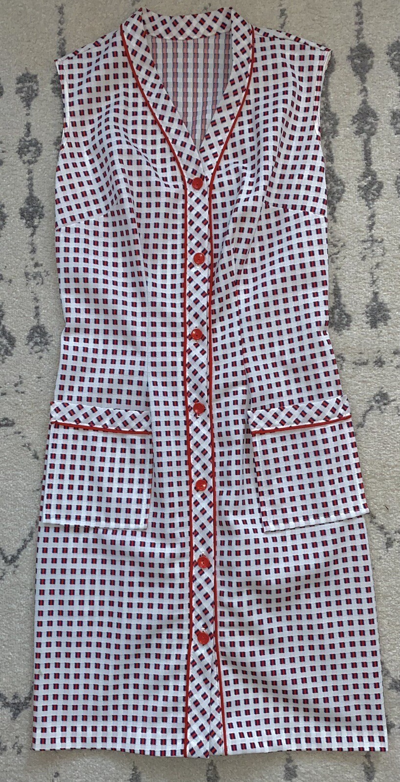 Vintage Summer Dress, 60s-70s Button Front w Pockets S/M, Red White Blue MCM