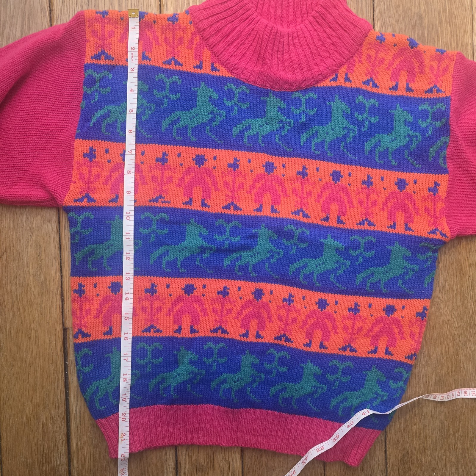Vintage Modern Reign Sweater Womens M Bright Neon Horse Mockneck 80s 90s