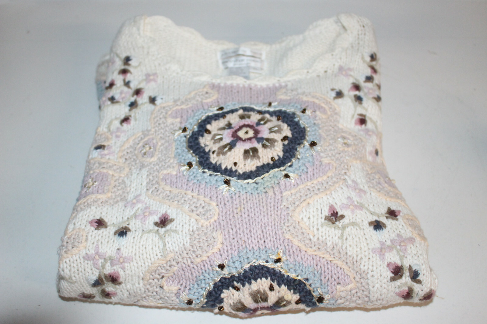 Vtg Jennifer Reed Hand Knit Long Crew Floral Medallion Embroidered Sweater XL