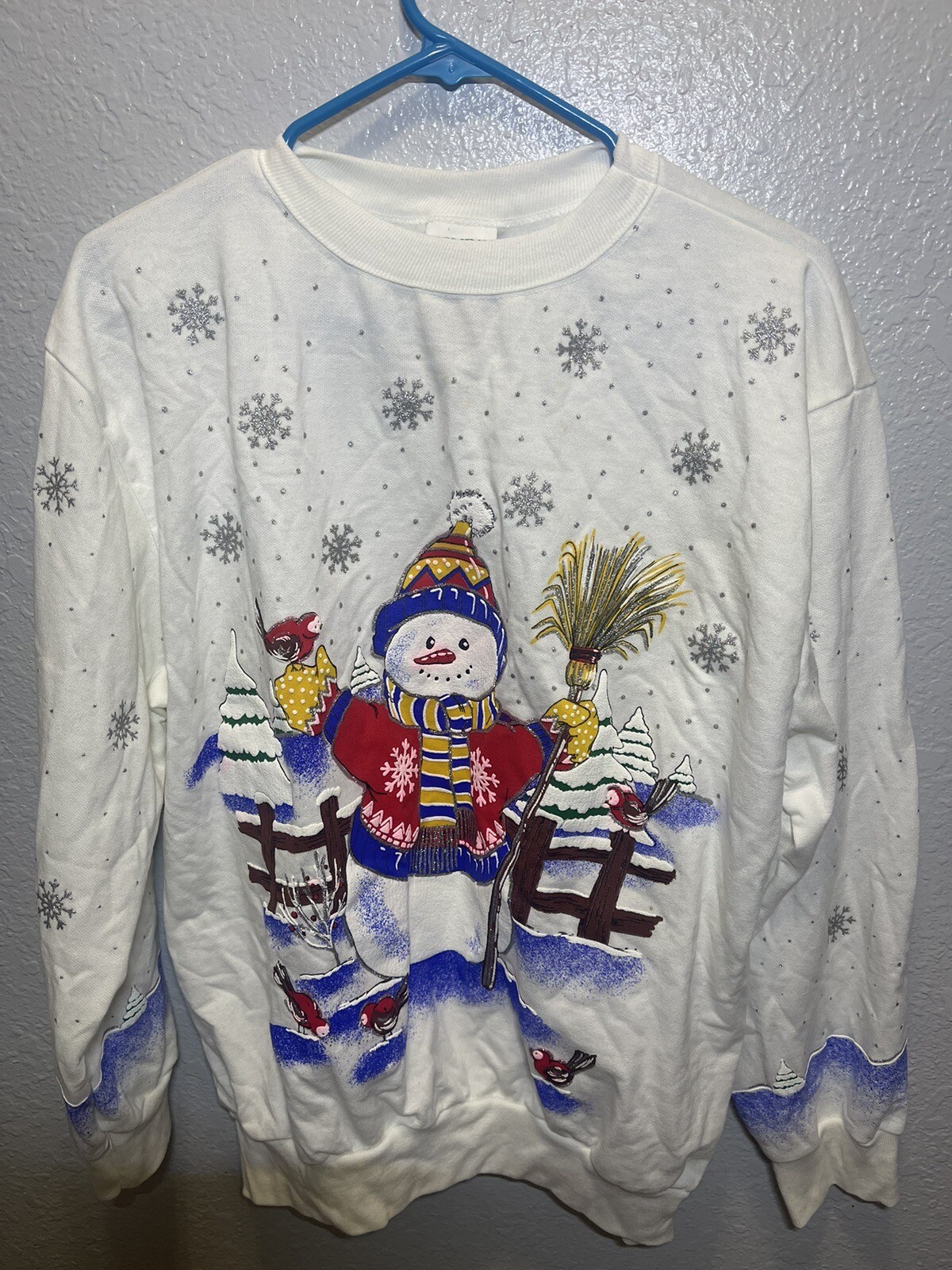 Holiday Time Christmas Sweatshirt Snowman Glitter Made in USA Vintage Sz XL