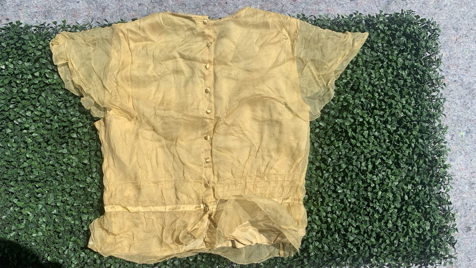 As Is vintage 90s Y2K designer yellow gold silk chiffon crop blouse top