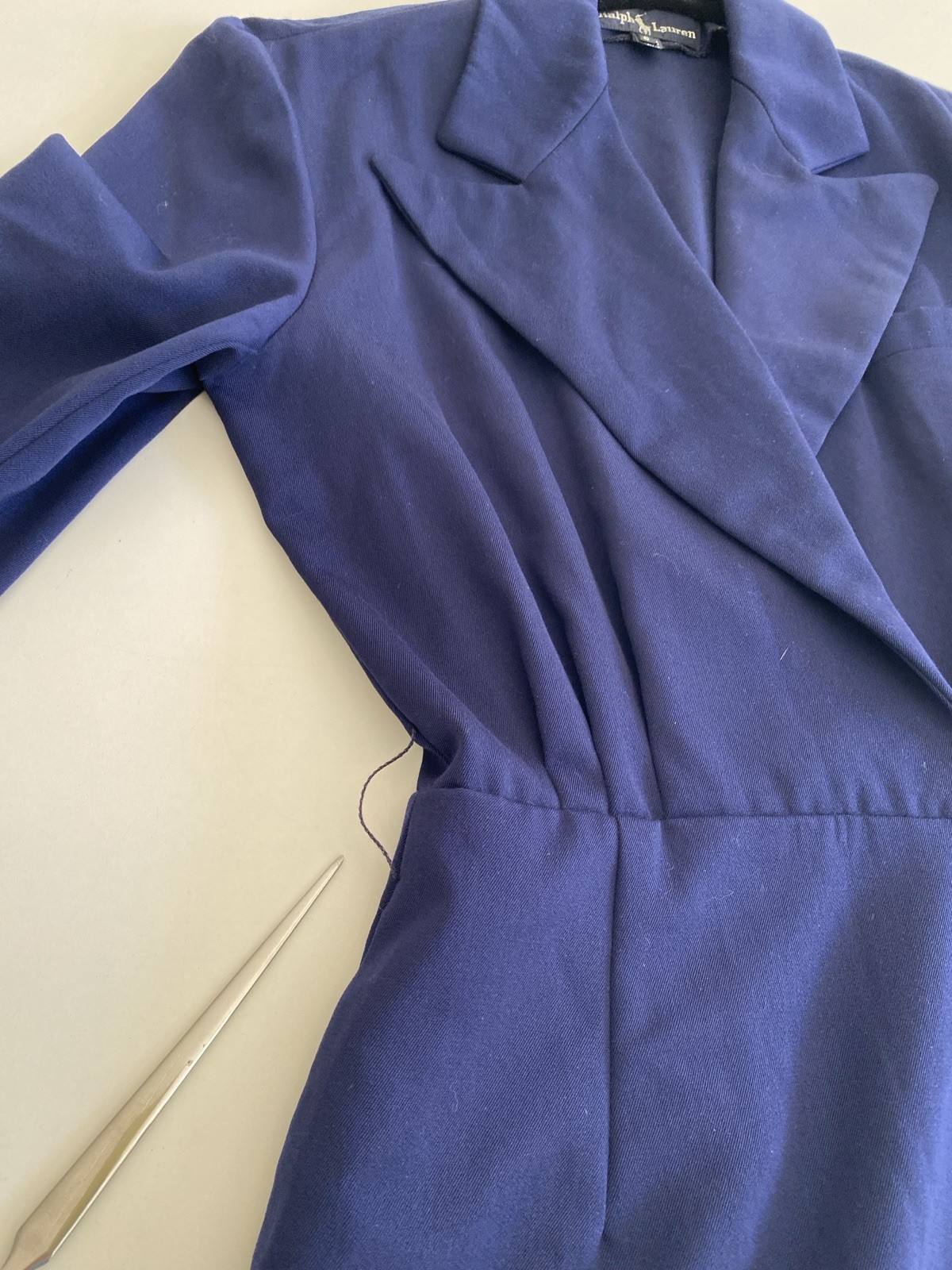 Vintage Ralph Lauren 6 100% Wool Tuxedo Jacket Wrap Dress Blue Midi