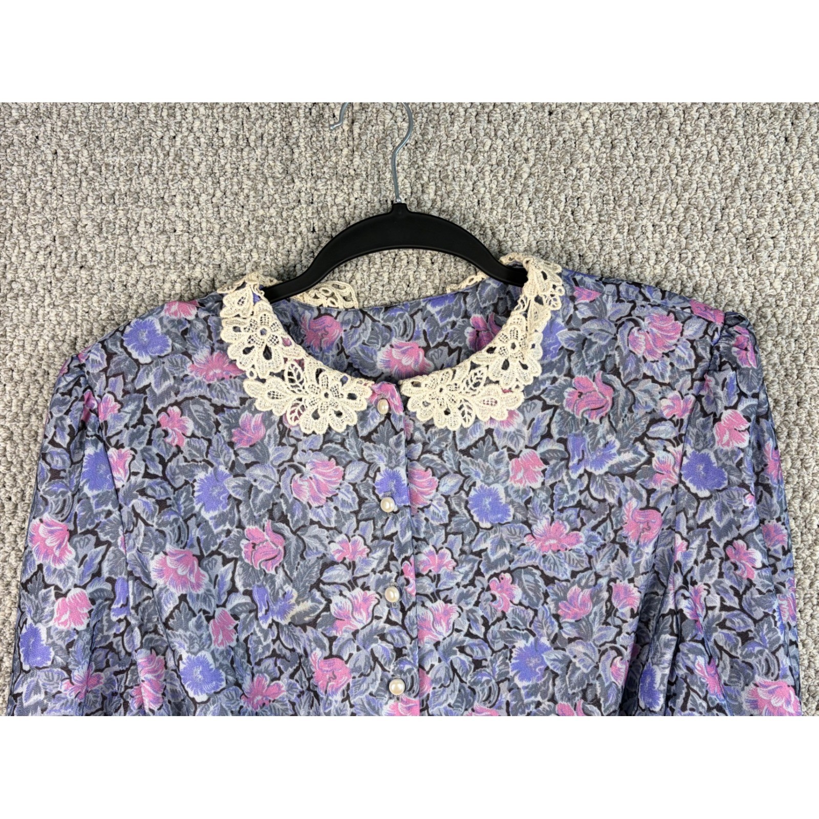 Vintage Sue Sherry 70s Union Made Belted Shoulder Pad Floral Lace Dress 16