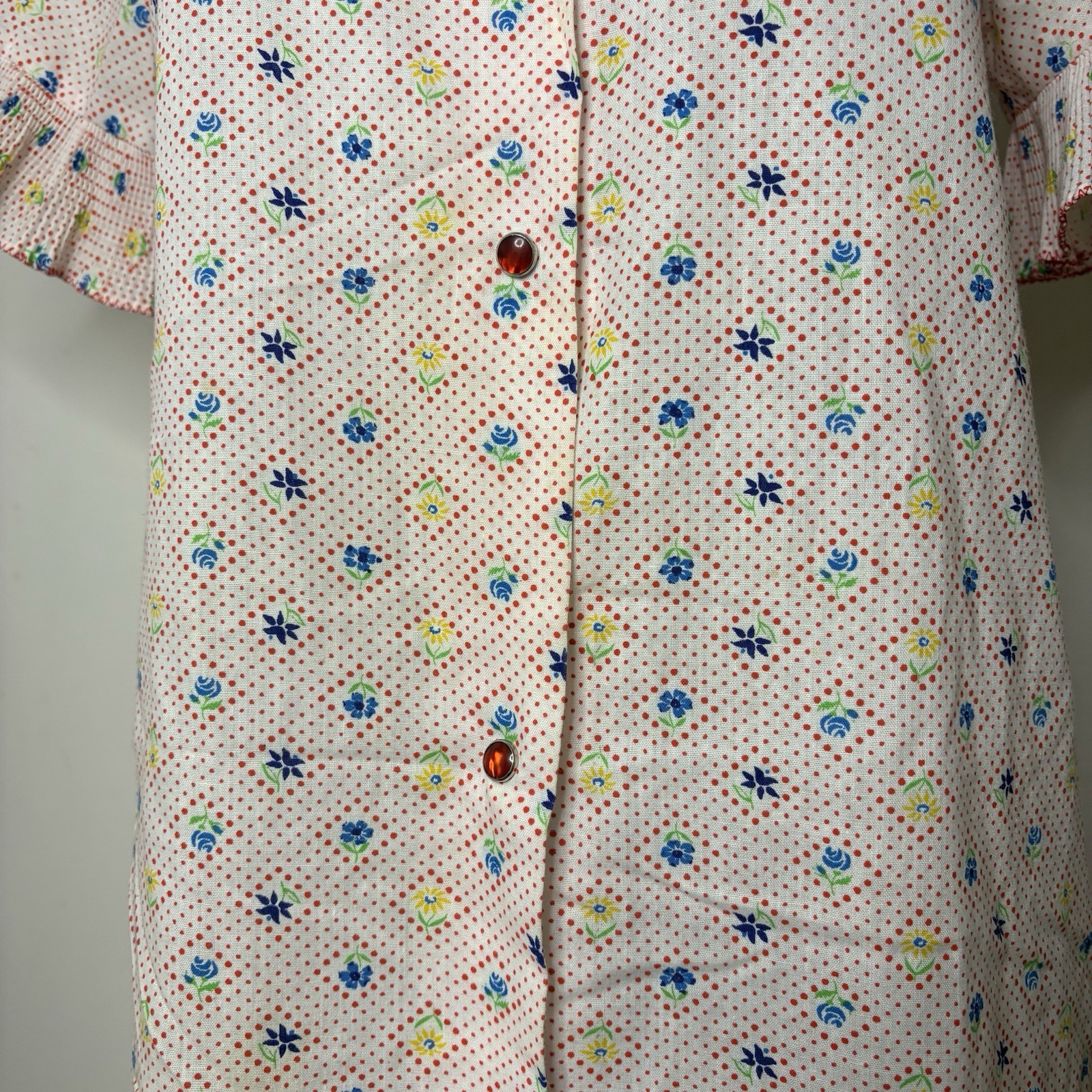 Vintage 80s Dan Ellen Primary Color Snap Up Ruffle Floral Polka Dot Robe