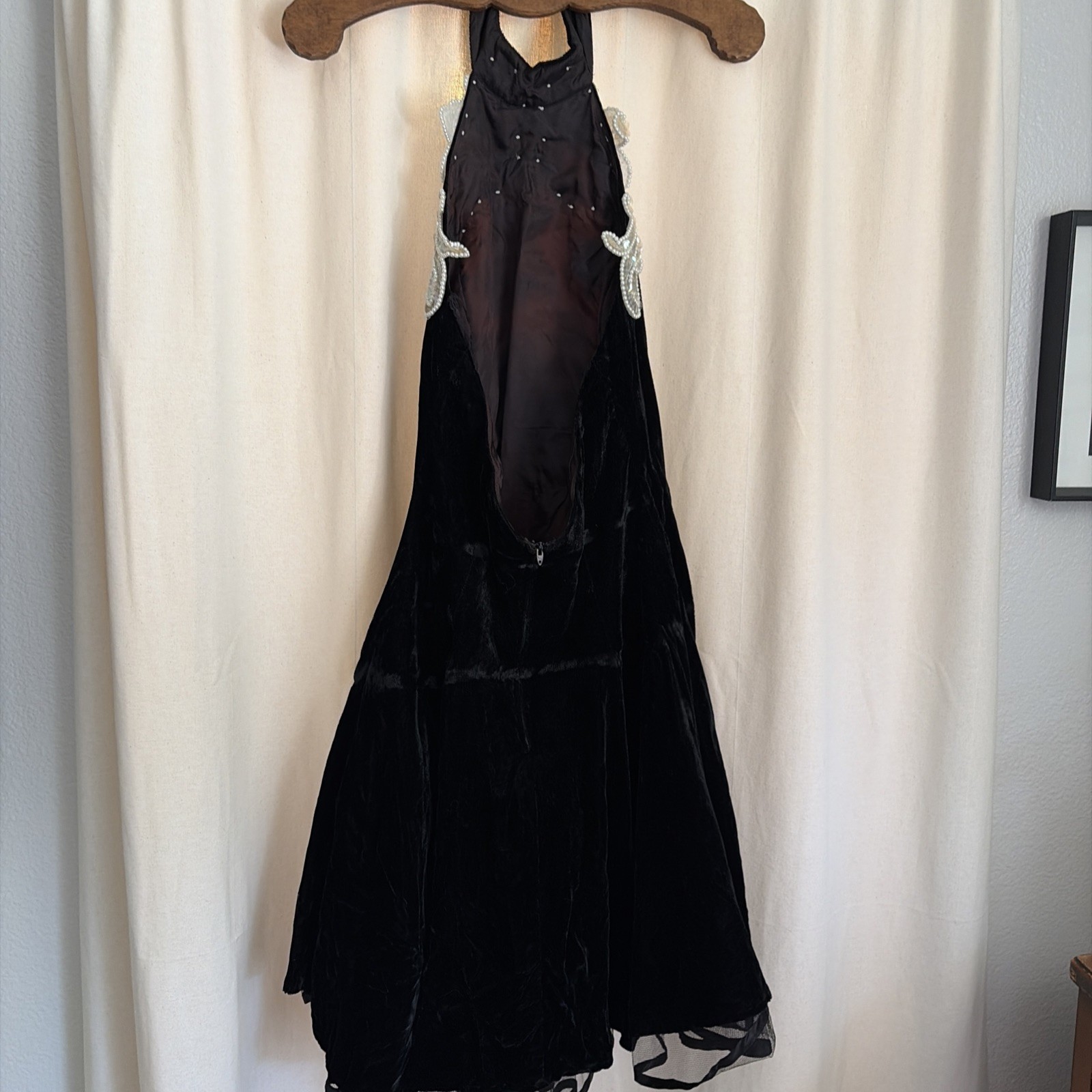 Vintage Black Velvet Sequin Crinoline 80s Backless Prom Cocktail Dress