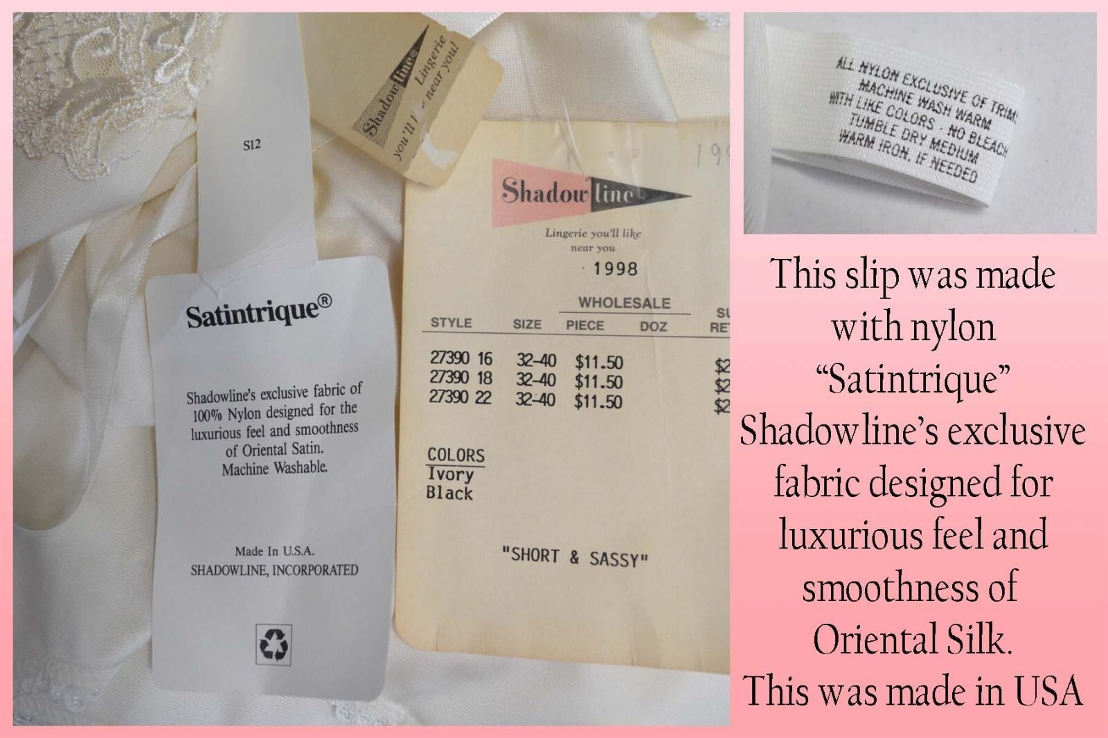 UNWORN Shadowline Ivory White Slip, NOS w/Original Tags, Bodice Lace VTG 90’s