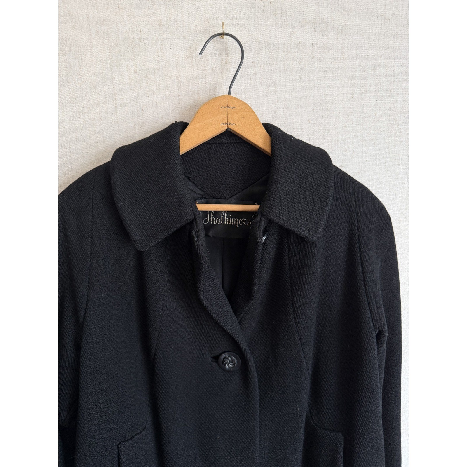 Vintage Thalhimers Black Wool Overcoat Peter Pan Collar Swirl Button Coat Womens