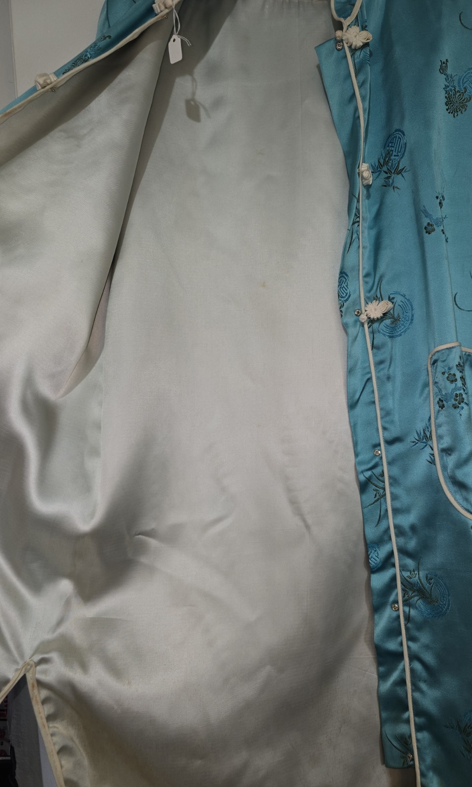 Vintage 50s Chinese Brocade Hostess Gown- Women’s- Turquoise Satin-Size 42/L
