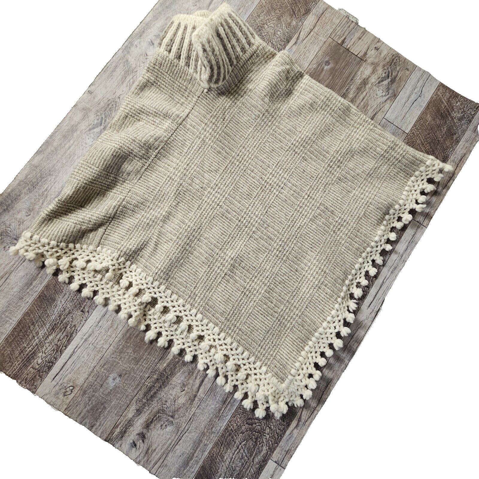 Wool Poncho Cape Fringe Handmade Mexico Vintage Crochet Hippie Boho Lagenlook