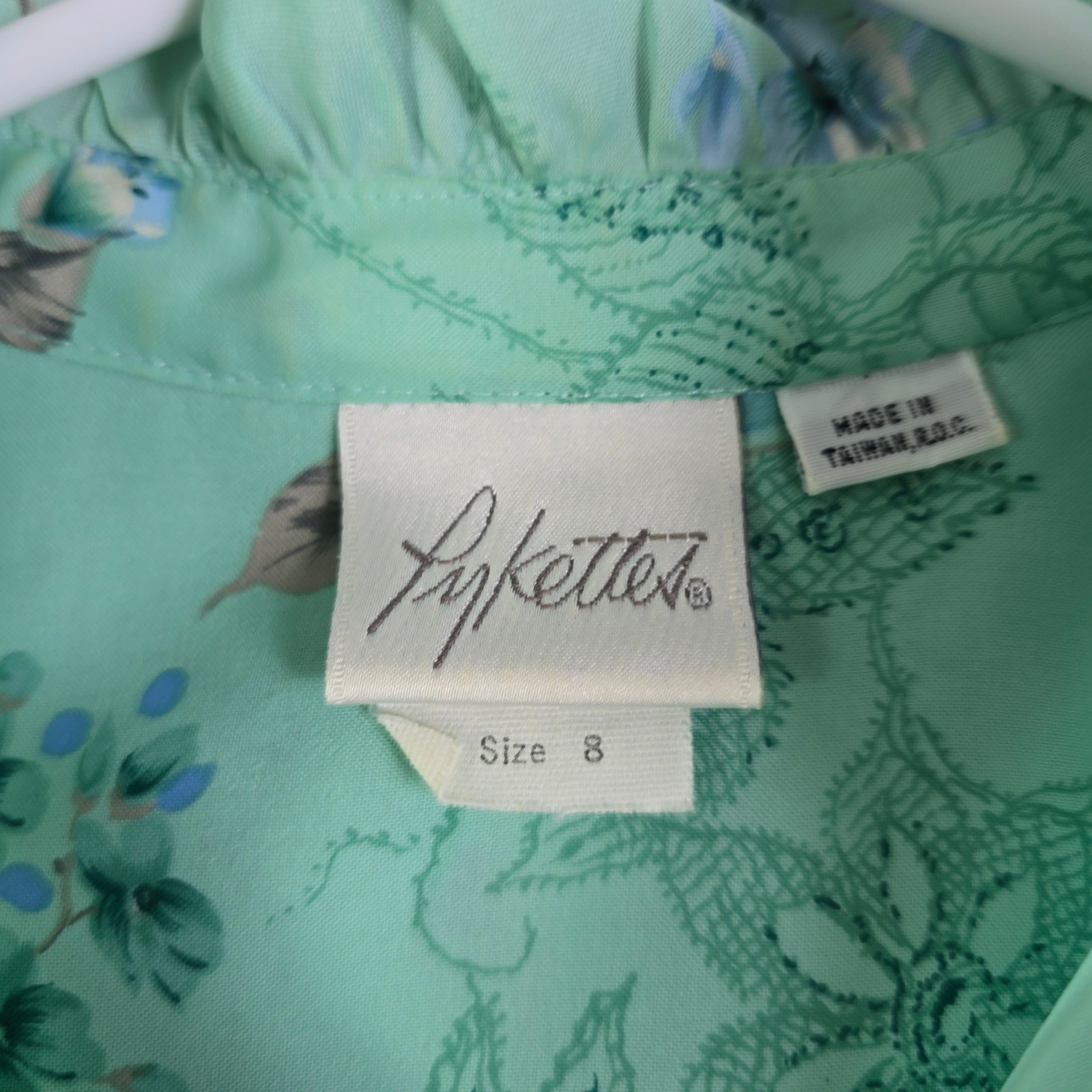 Vintage Floral Ruffle Blouse Womens 8 Mint Green Victorian Style Pastel Grandma