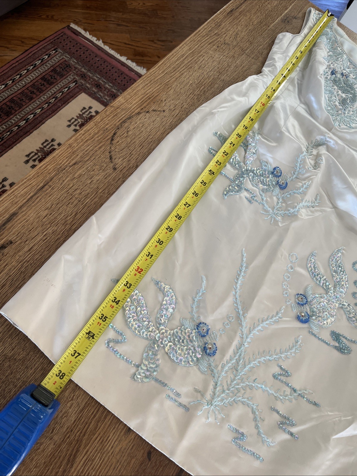 VTG 50/60s Satin Hand Beaded Sequin Light Blue Sheath Dress Sz Small Fish Koi