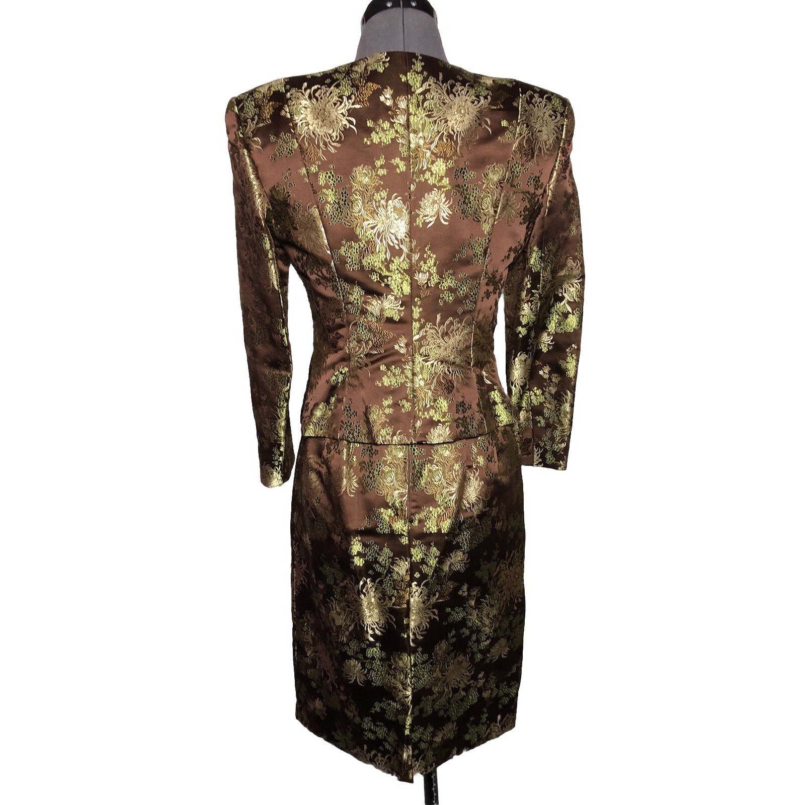 Vtg 70s 80s Brown Brocade Skirt Suit Metallic Floral XS S 2–4 Jacket Skirt Set