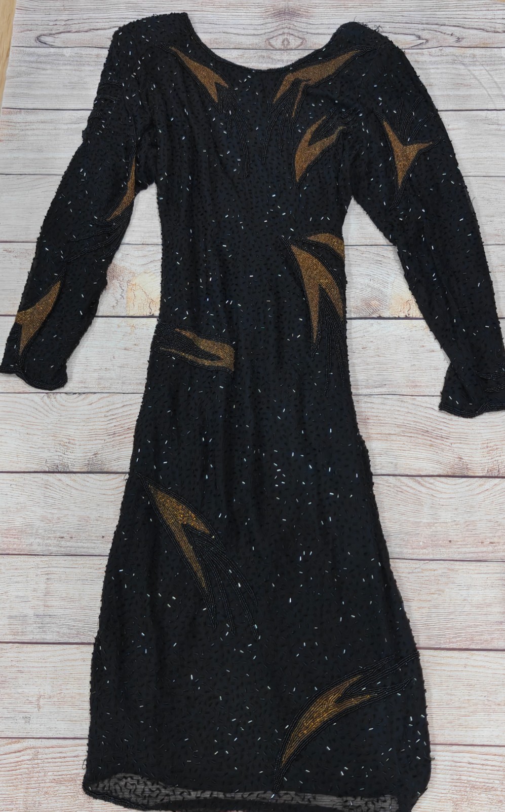 Vintage 80s Black Beaded Gold Bolt Embroidered Long Sleeve Cocktail Dress Evenin