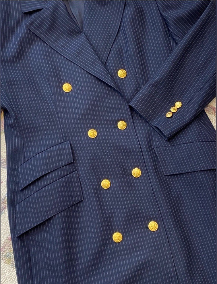 Vintage Celine Wool Pinstripe Double Breasted Coat Dress Removable Collar
