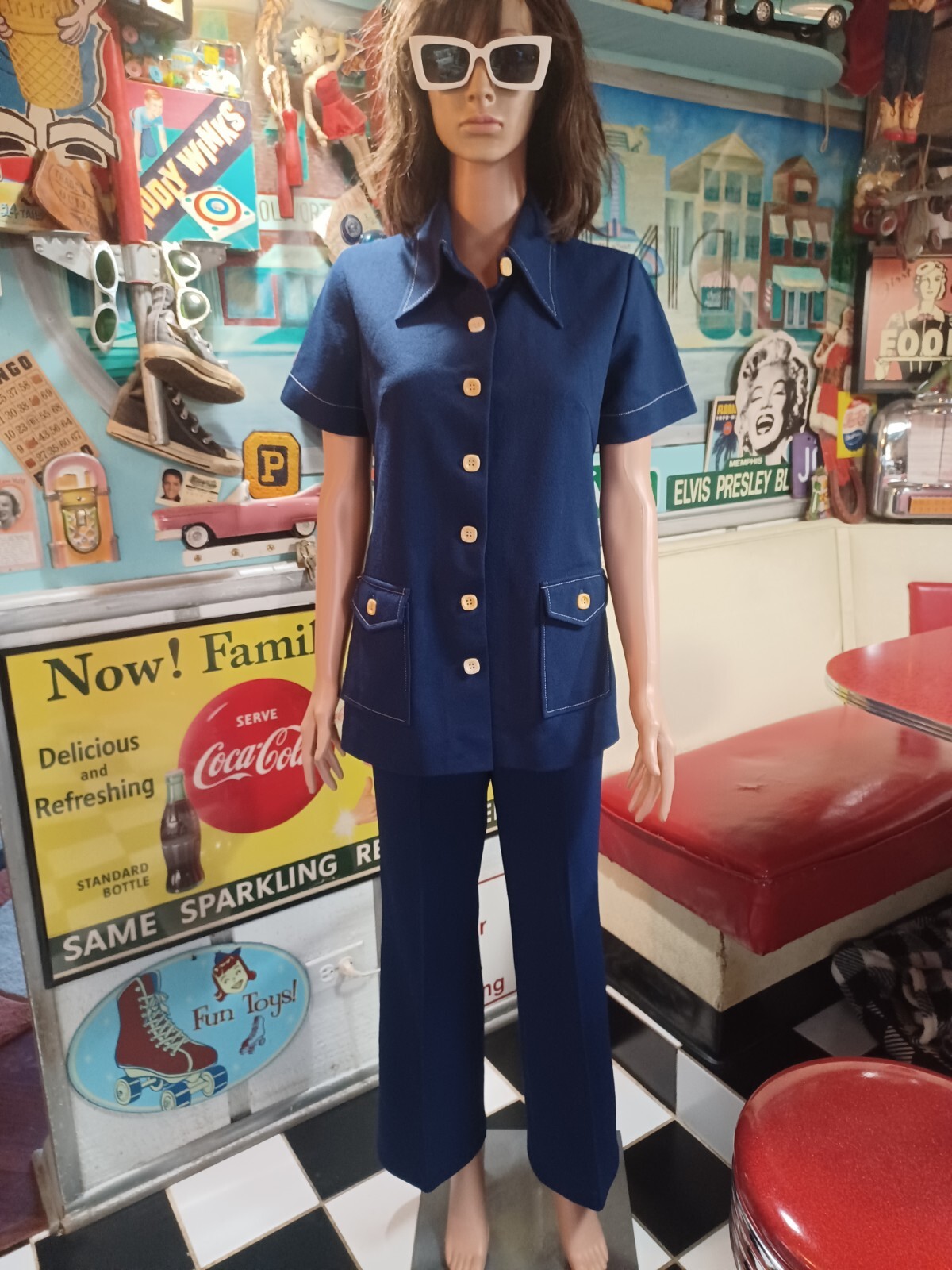 True VTG Mid-century 1960s 1970s Polyester Pant Suit Mod MCM Groovy S/M 60s 70s