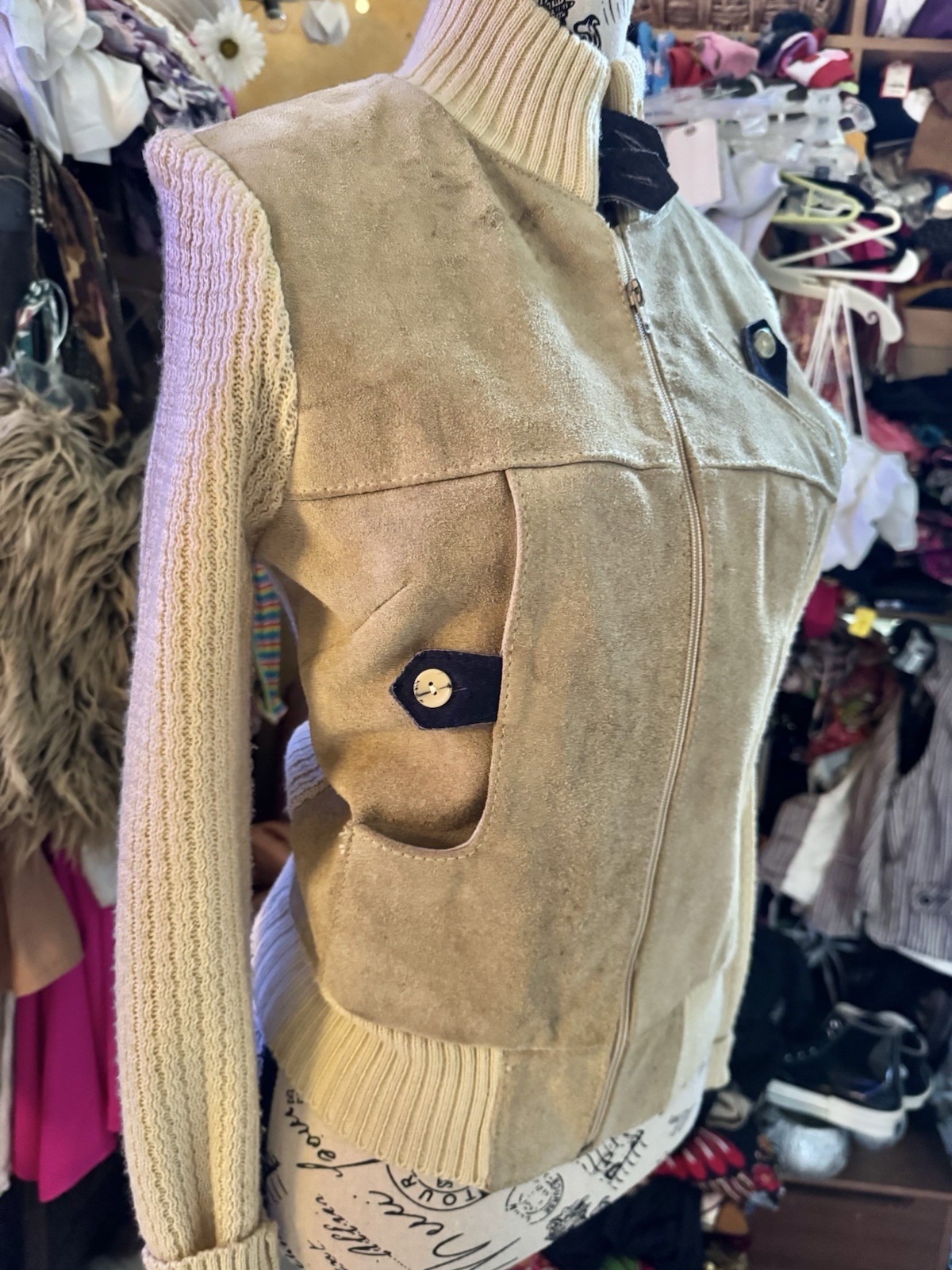 Vtg Suede Leather Acrylic Sweater Jacket Arpeja Taiwan Organically Grown Beige S