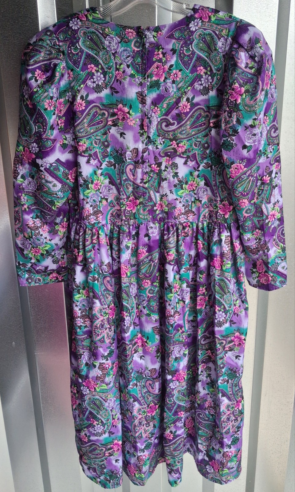 Vtg Terri Ellen Purple & Green Floral Patterned Dress Sz L/XL? Pit To Pit 21 In