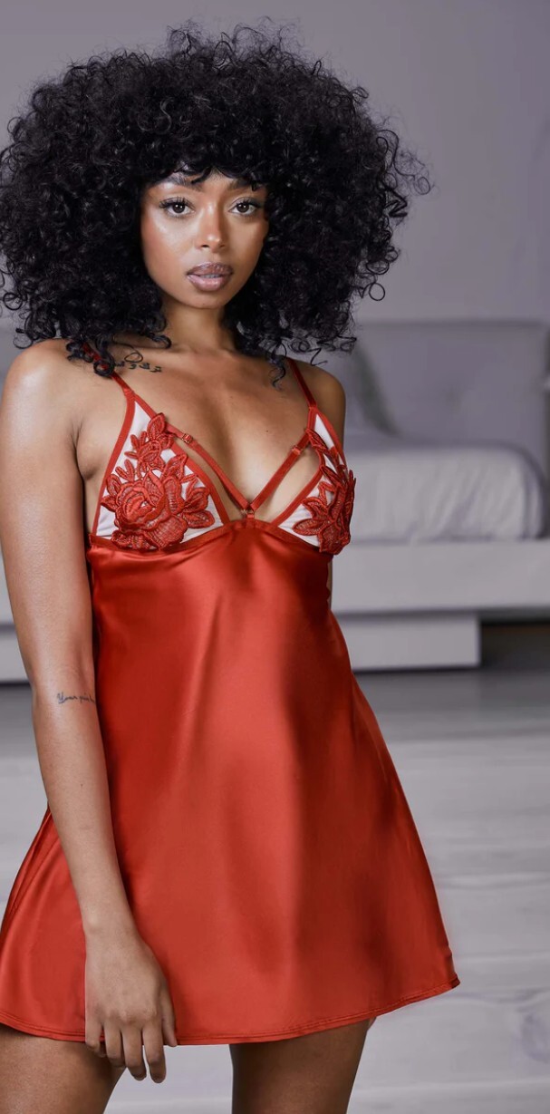 Hustler Sexy Chemise Size M Red Satin Mesh Cups w/ Harness Detail