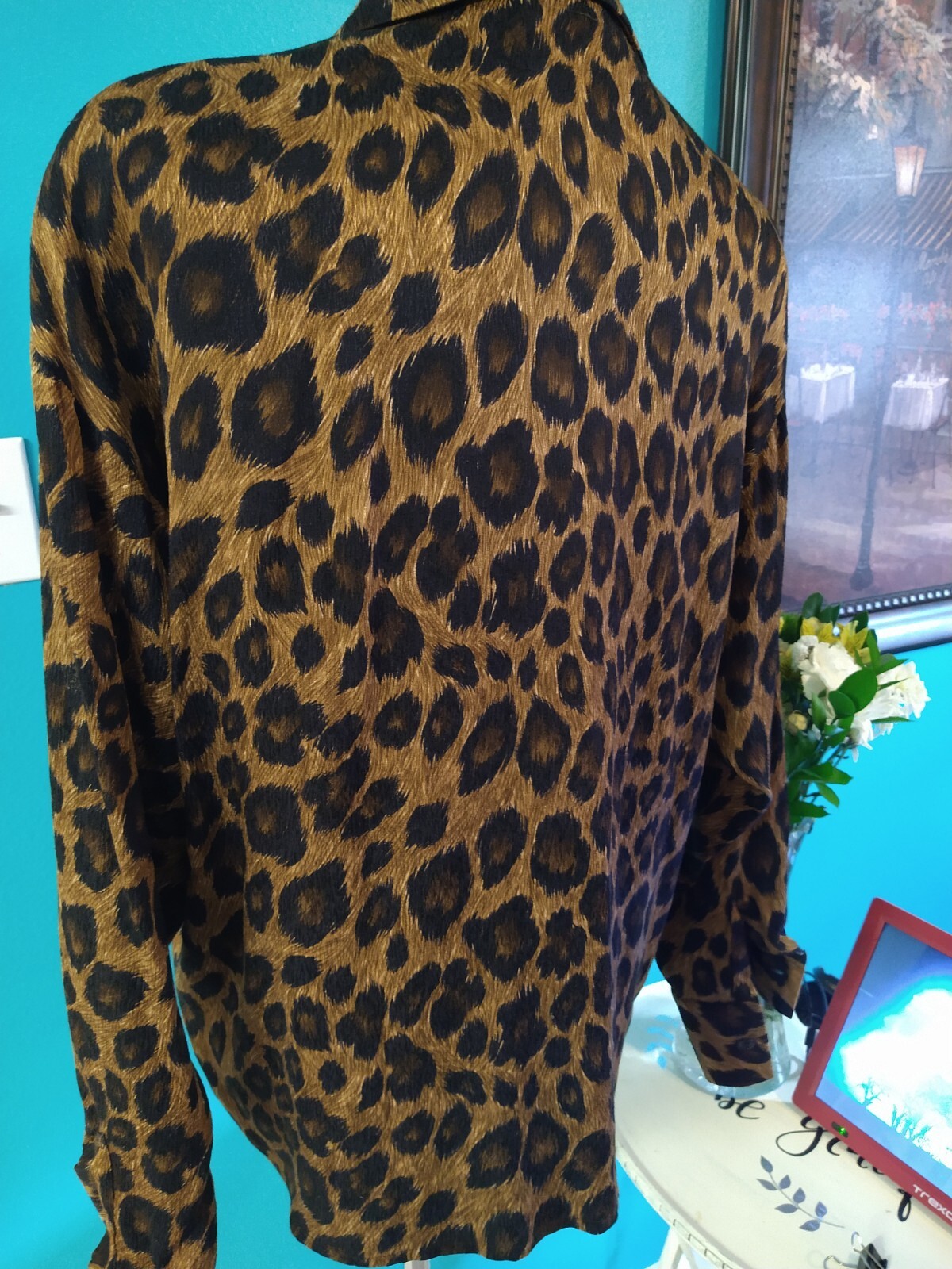 Vintage Anne Klein Silk Jacket 1980s Animal Print, Leopard Blazer Large
