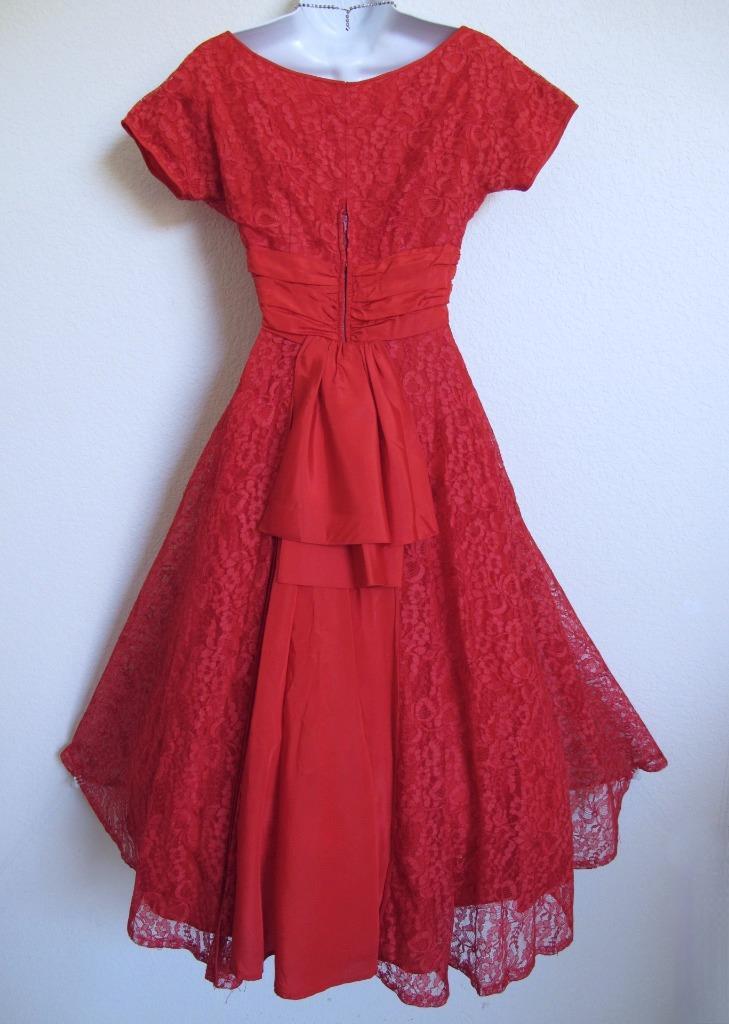 Vintage 50s Valentine Red Lace Party Dress XXS Full Skirt Bustle Back Wasp Waist