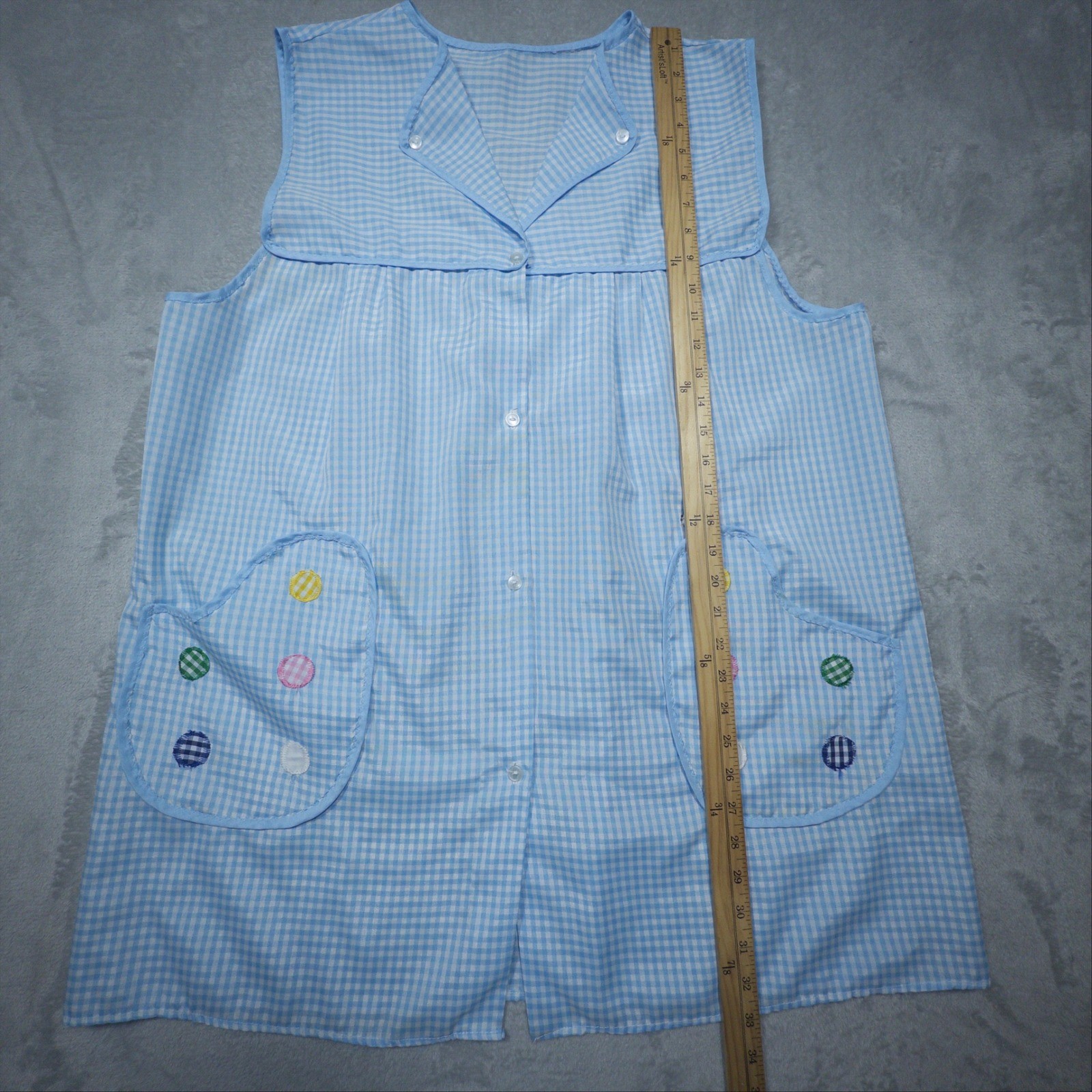 Vintage 1960s Blue Gingham Cotton Smock Top Polka Dot Pockets XL House dress