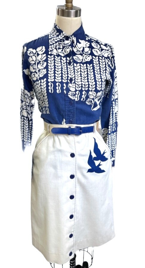 Vintage 1970s Applause Batik Birds of Happiness Blouse Skirt Set Boho Sz 6 S