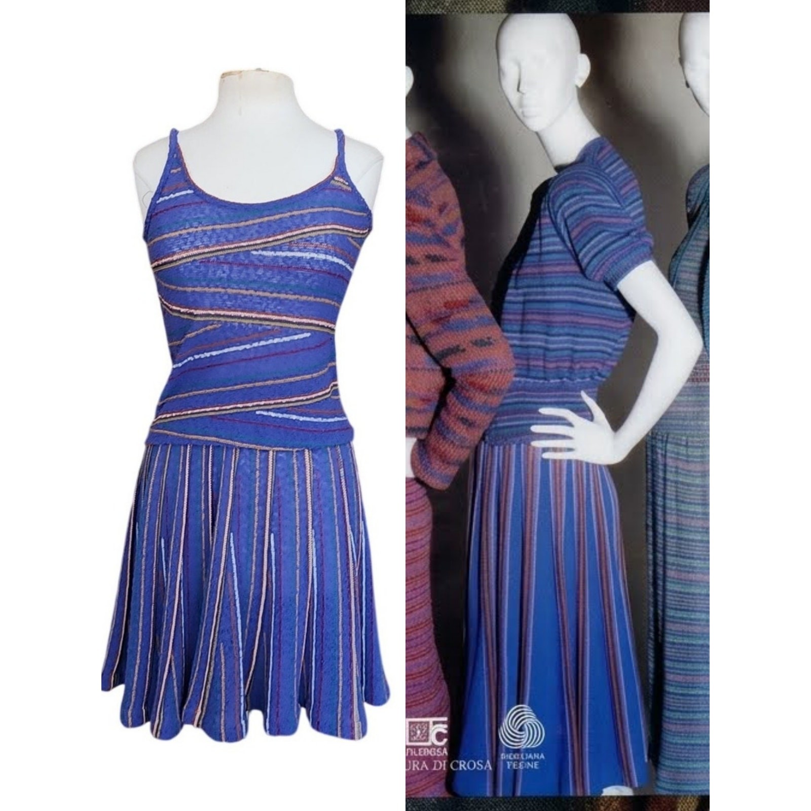 Vintage 1980 Missoni Knit Top Skirt Suit Blue Colorful Stripe I Magnin Small