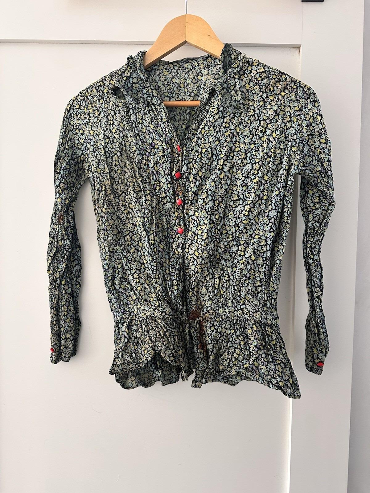 Antique 1930s Vintage French Handmade Floral Silk Blouse Women’s XS Small As Is