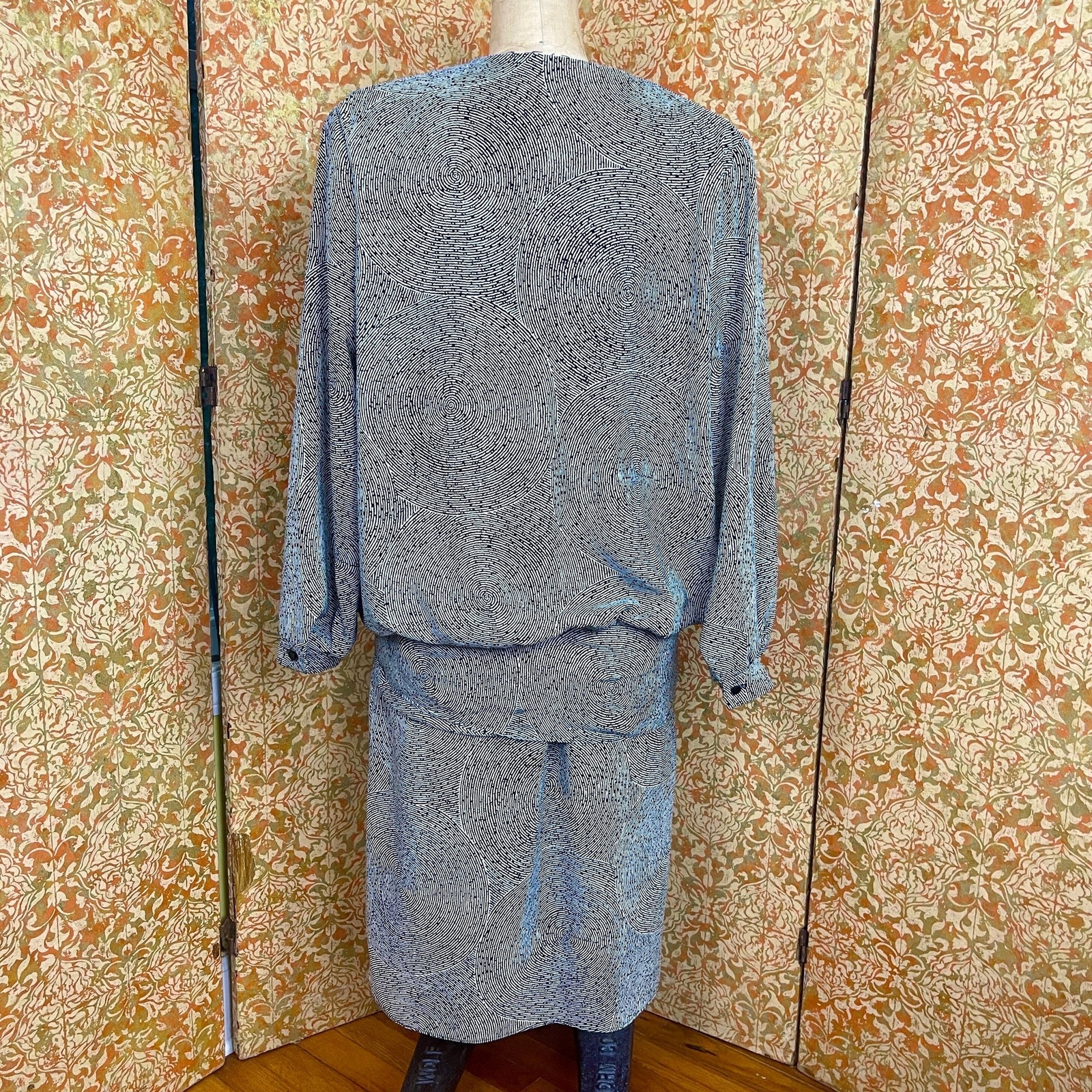 80s B&W Finingerprint Drop Waist Dress S Dawn Joy