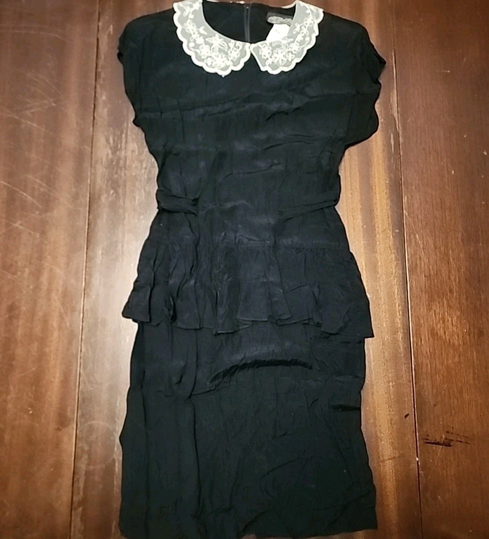 Vintage 90s Wednesday Addams Addams Family Black With White Lace Rayon Dress 5/6