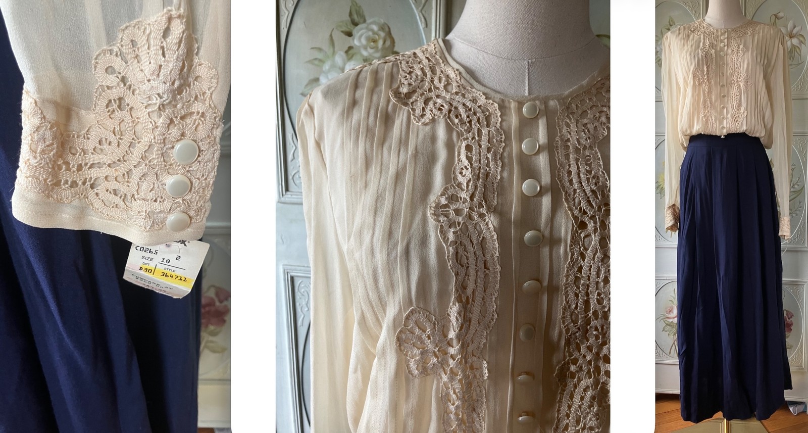 NEW NWT VTG MARIE ST CLAIRE MIDI DRESS CREAM SILK LACE PINTUCK NAVY RAYON 10