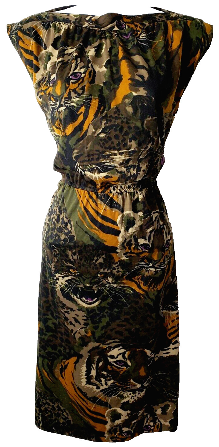Vintage 70s Pinup Sheath Dress 7 Wiggle Tiger Jungle Camo Rockabilly Union USA