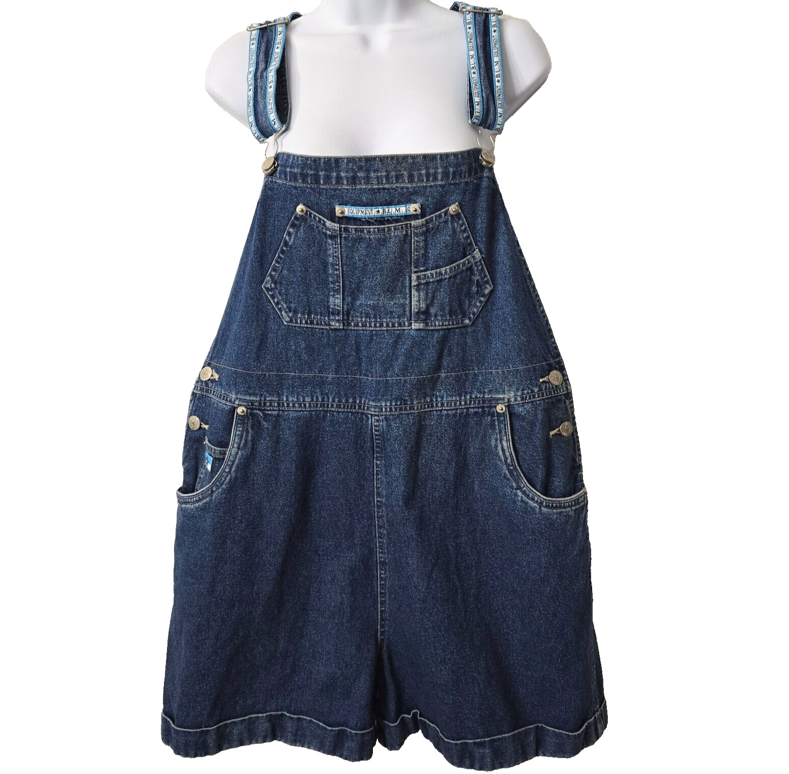 BUM Equipment Denim Short Overalls L Jean Shortalls Logo Adjustable Vintage 90s