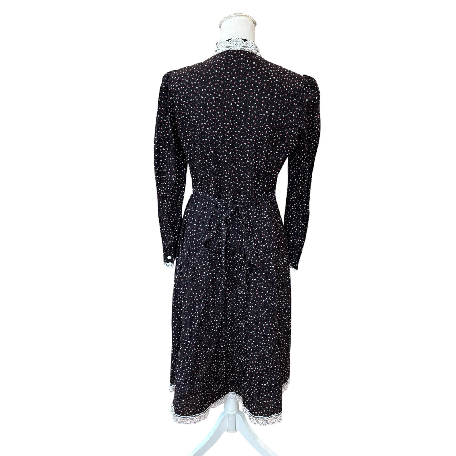 Vintage JCPenney Fashions Prairie Dress Black Floral Lace Velvet Midi 13