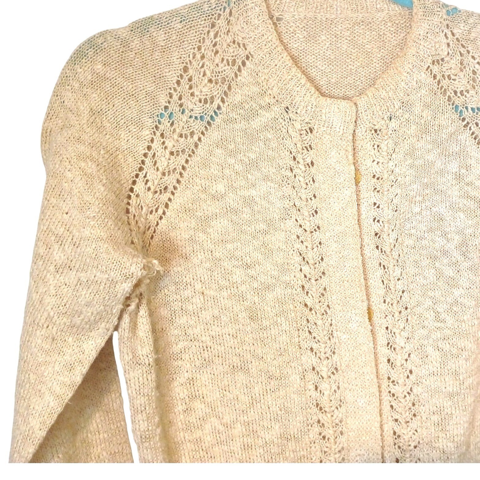 Vintage Handmade Pointelle Knit Cardigan Dress Oatmeal Beige Longline Midi XL