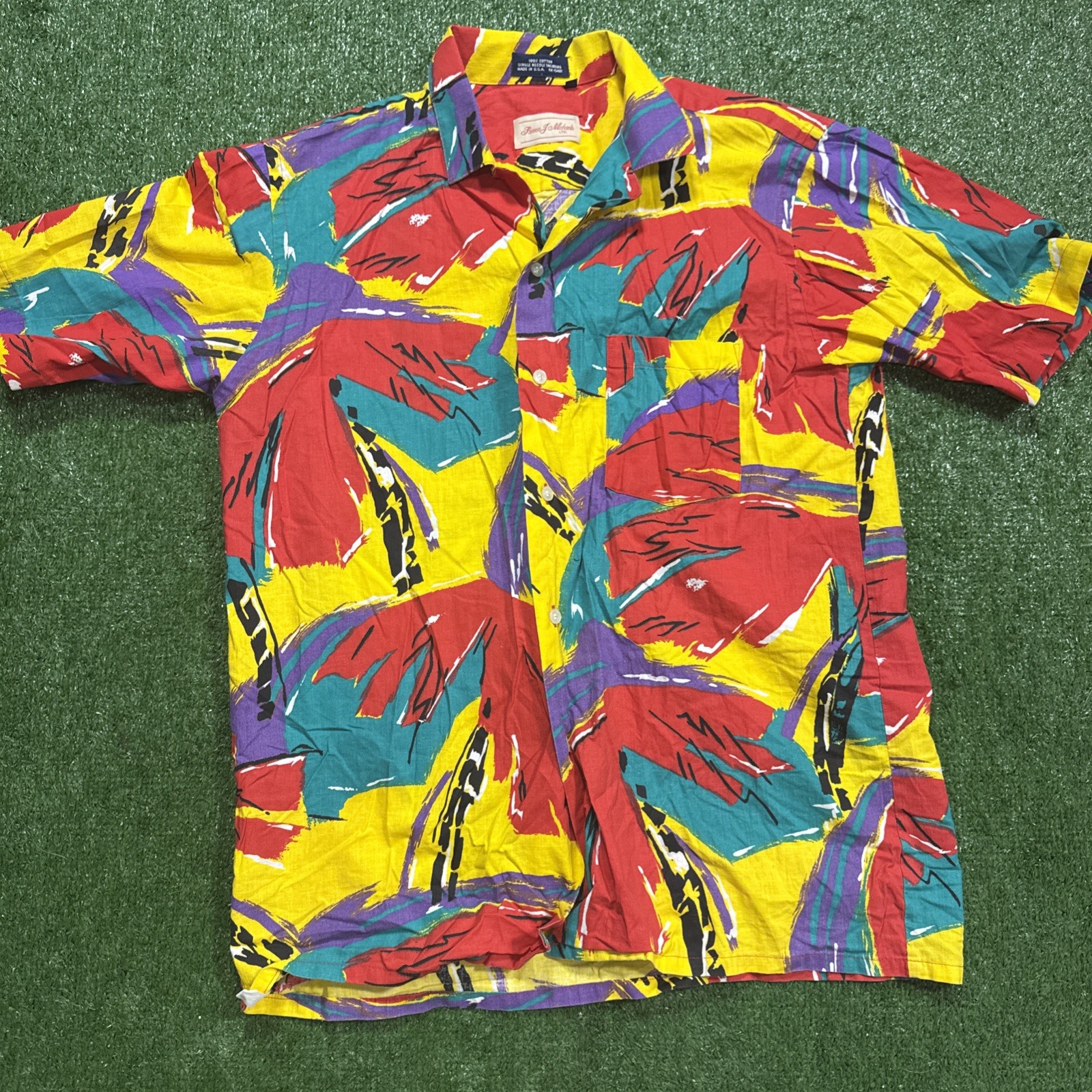 VTG 70s GEOMETRIC PRINT SHORT SLEEVE BUTTON DOWN TOP SIZE M Abstract USA