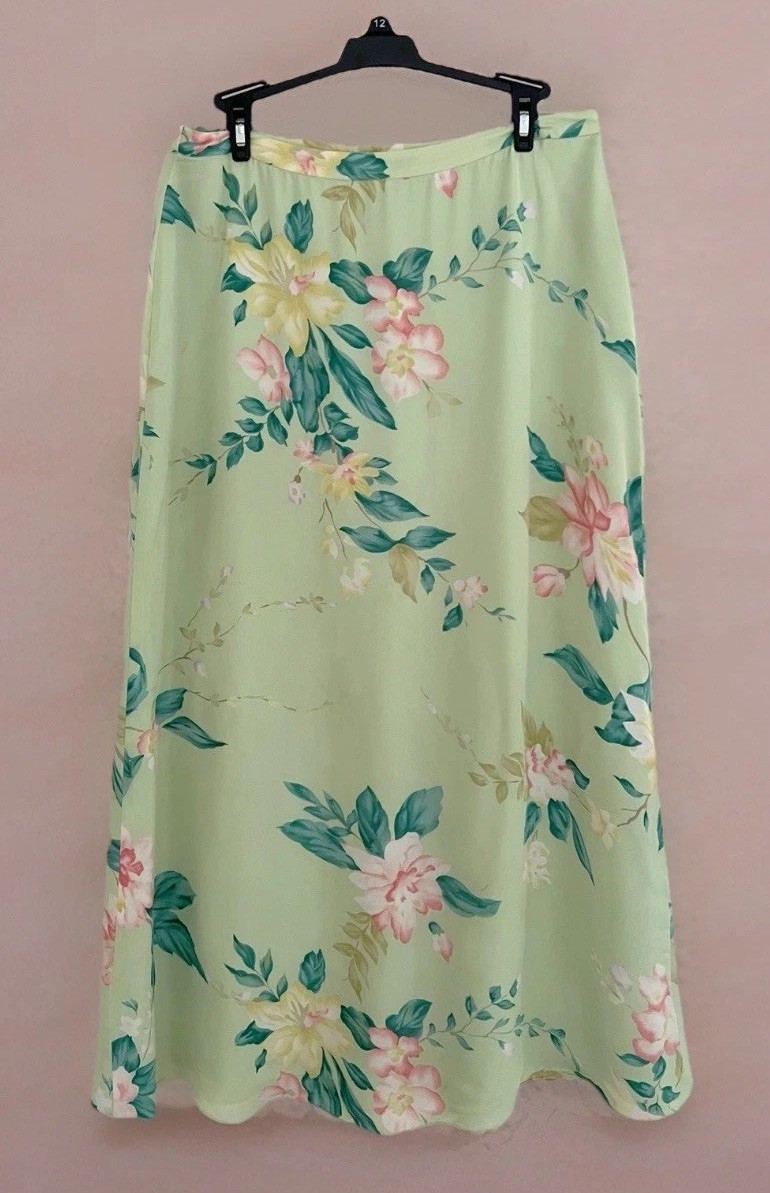 Vtg RENA ROWAN Silk Skirt 12 Romantic Cottage Long Green Floral Fairy Forest
