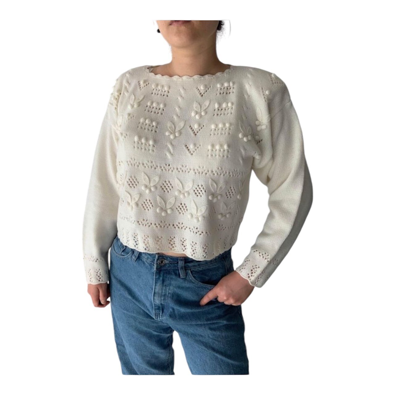 New Rare Item Vintage 80s Retro Cream Crochet Floral Sweater Medium