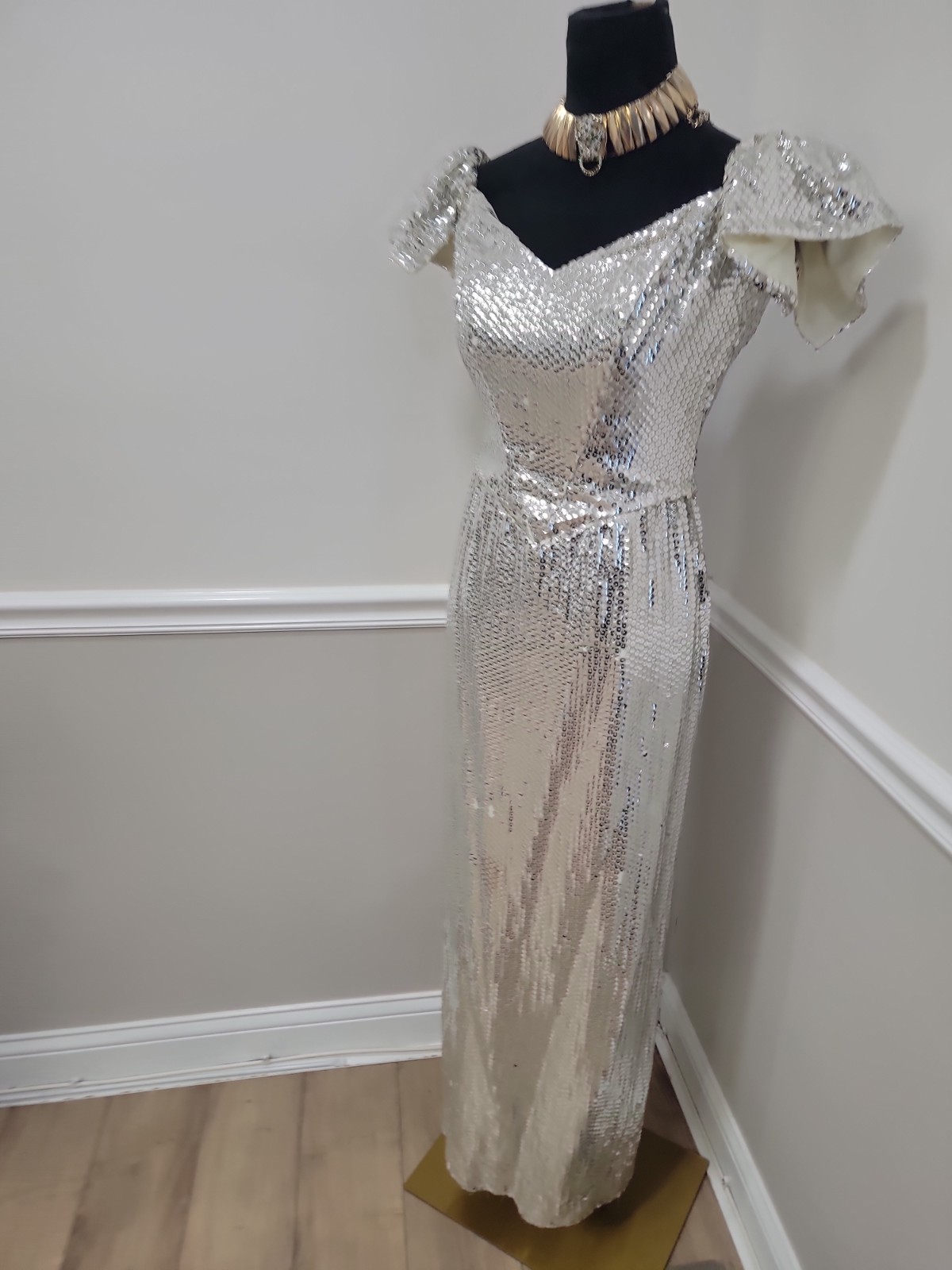 VTG 80s Alice Designs Silver Sequin Beaded Evening Gown Formal Prom Dress