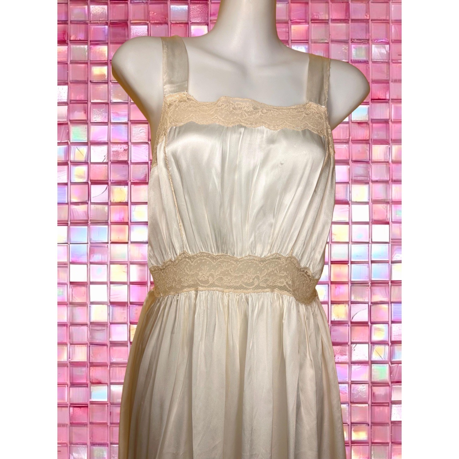 Vintage 1940s Textron Rayon Slip Dress | Cream Satin & Lace Lingerie