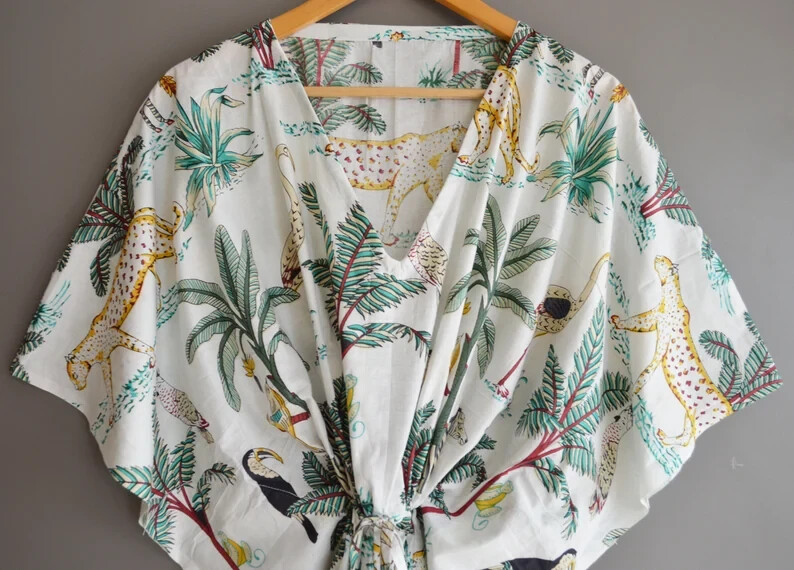 Indian Handmade Tiger Print Cotton Kaftan, Floral Long Free Size Caftan Beach
