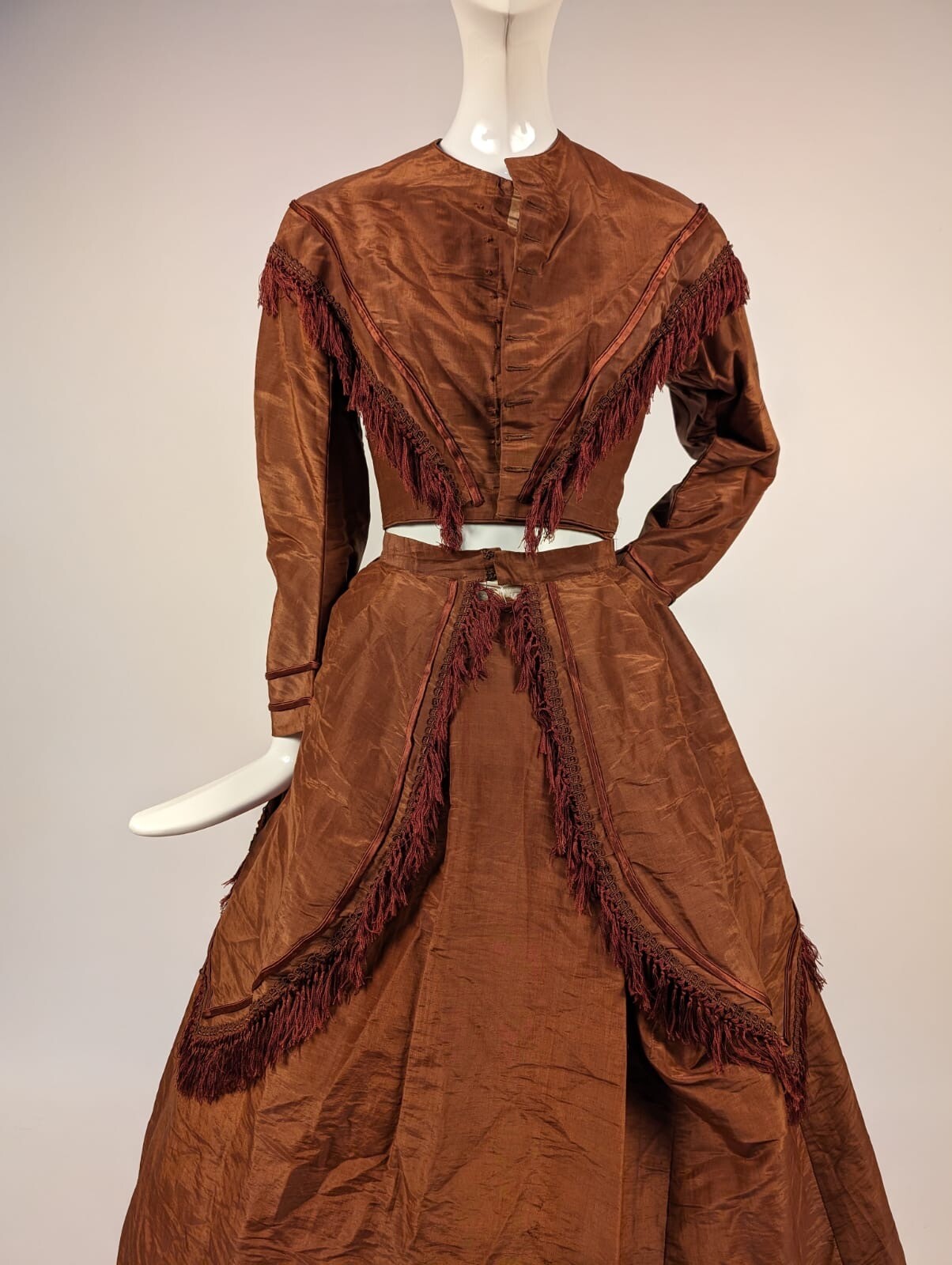 POST CIVIL WAR LATE 1860’S 3 PC BROWN SHINING SILK DRESS W FRINGE