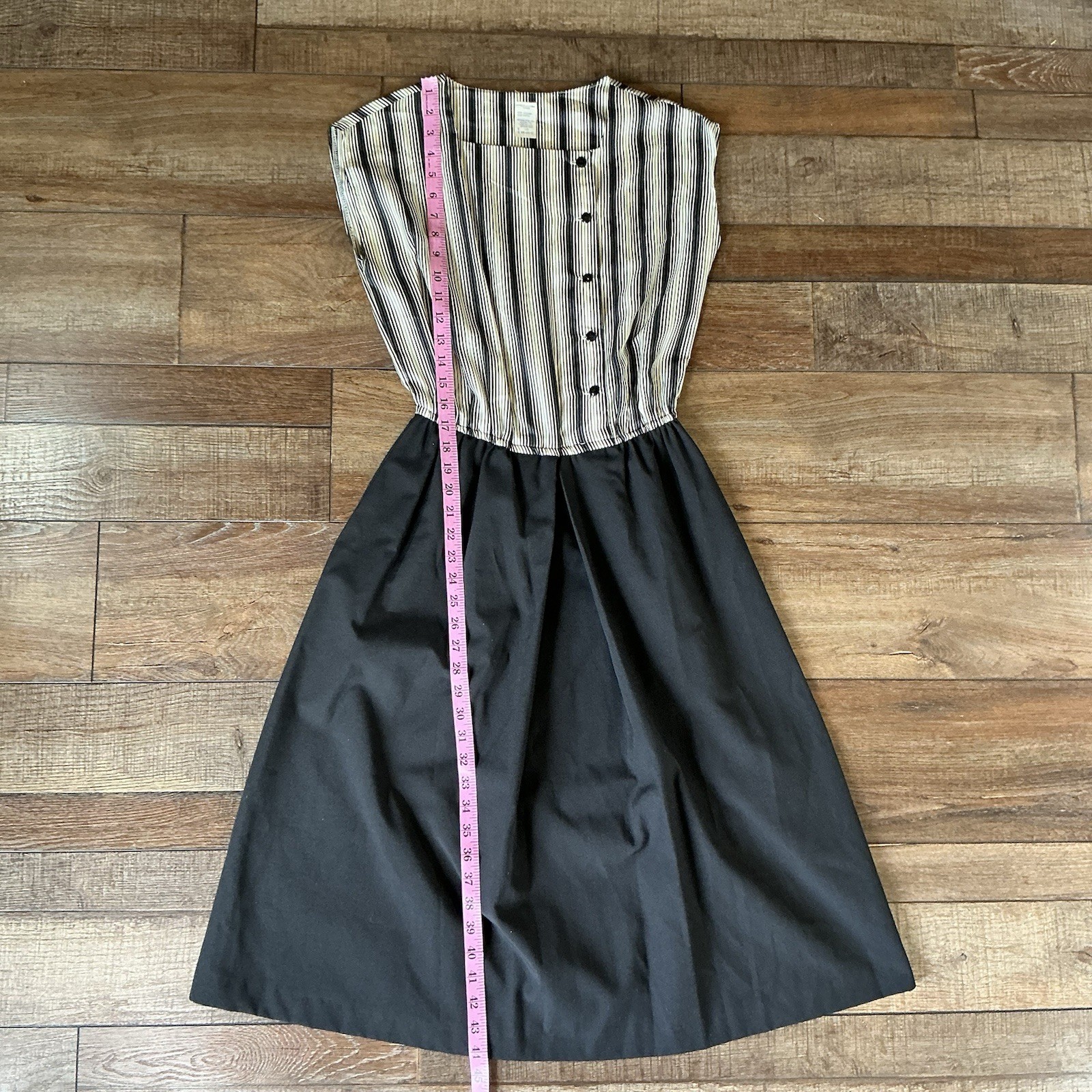 80s VTG Women’s Sleeveless Striped Bodice Midi Dress Size 10 Black Skirt #291118