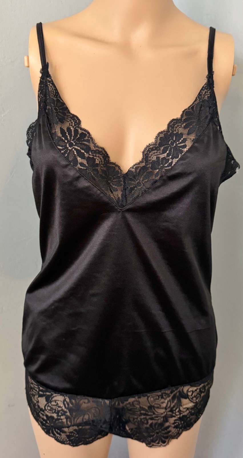 Vintage Avid Love Black Shiny Liquid Satin Lacy Deep Plunge Teddy Lingerie M