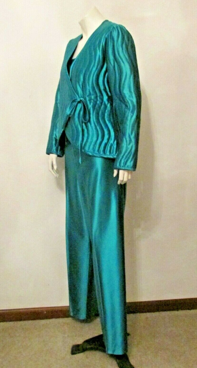 3pc Daffodil Green Lounge Pajama set Quilted Jacket Camisole Pants M USA made