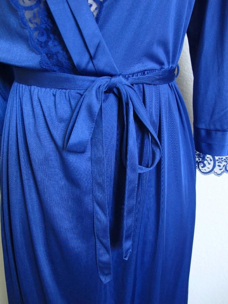 Vintage Gilead Long Silky Nylon Robe w Lace Insertion S Tie Belt Royal Blue
