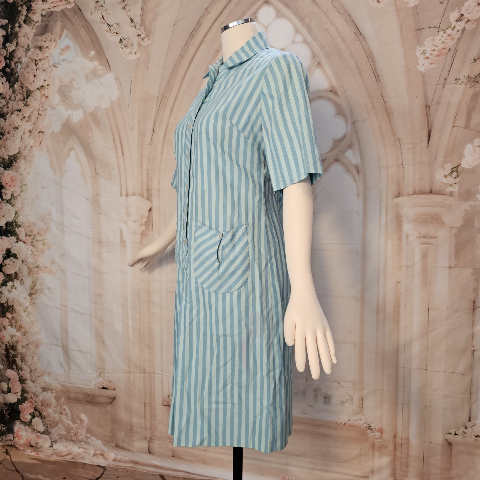Vintage 1960’s Dress Shift Mod Blue Stripe Pockets Collar Short Sleeves Westbury