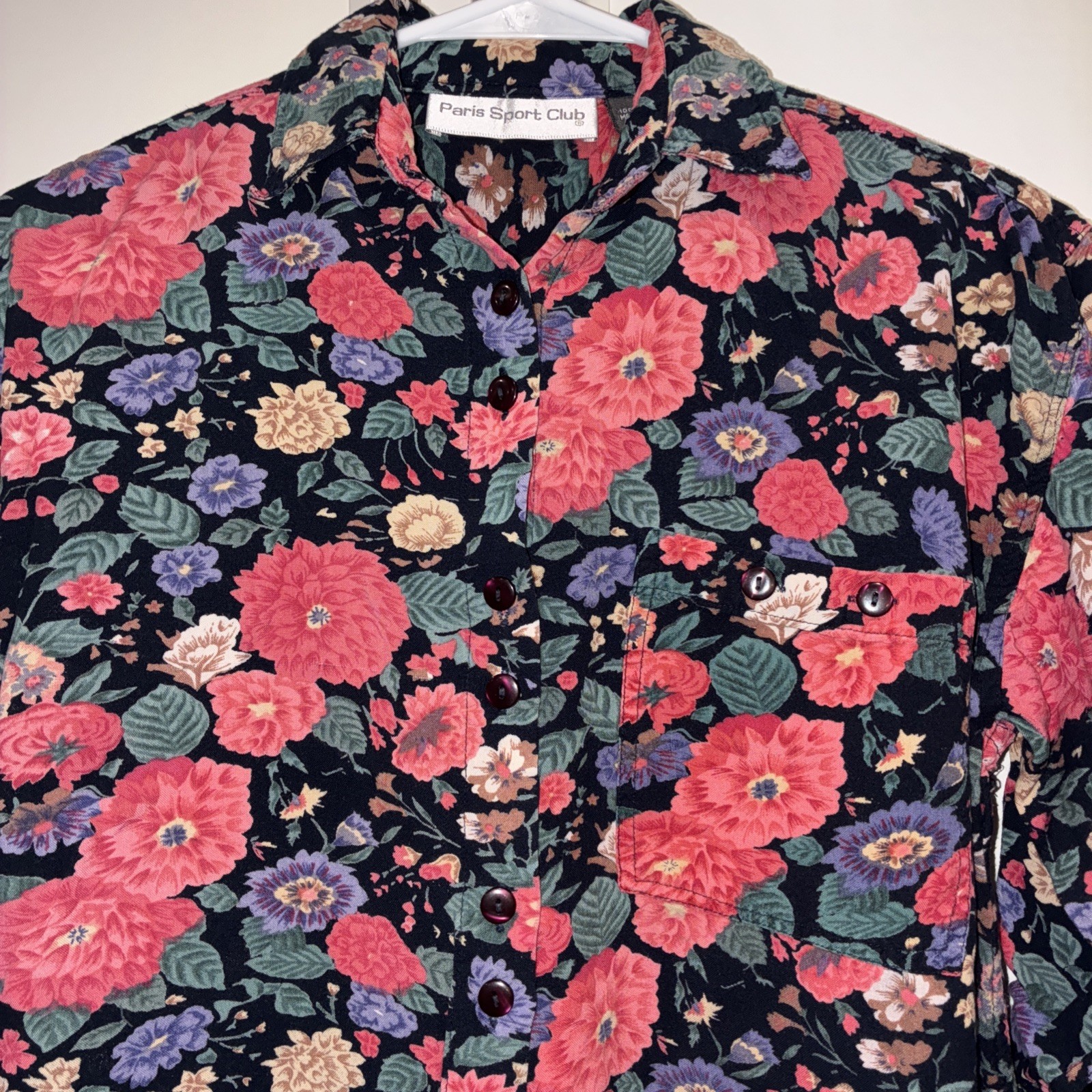 Vintage Paris Sport Club Shirt Women’s Size Small Floral Print Button Up LS 90’s